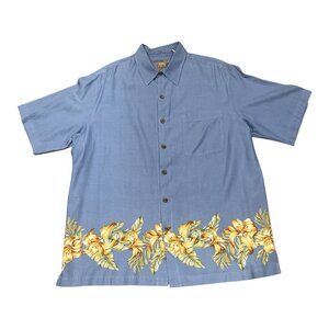 Caribbean Men's L Hawaiian Silk Blend Shirt  Floral Blue Short Sleeve